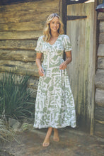 Load image into Gallery viewer, Bessy Sage White Print V Neck Shirred Tiered Midi Dress