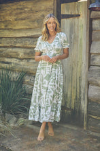 Load image into Gallery viewer, Bessy Sage White Print V Neck Shirred Tiered Midi Dress