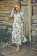 Load image into Gallery viewer, Bessy Sage White Print V Neck Shirred Tiered Midi Dress