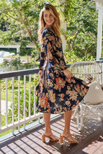Load image into Gallery viewer, Natalie Cross Over Long Sleeve Navy/Orange Print Dress