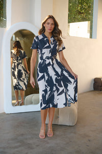 Gertrude Black/Cream Abstract Print Button Front Midi Dress