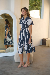 Gertrude Black/Cream Abstract Print Button Front Midi Dress