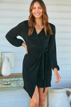 Load image into Gallery viewer, Domino Black Metallic Cross Over Tie Front Long Sleeve Dress