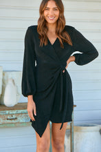 Load image into Gallery viewer, Domino Black Metallic Cross Over Tie Front Long Sleeve Dress