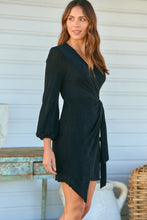 Load image into Gallery viewer, Domino Black Metallic Cross Over Tie Front Long Sleeve Dress