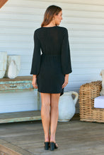 Load image into Gallery viewer, Domino Black Metallic Cross Over Tie Front Long Sleeve Dress