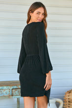 Load image into Gallery viewer, Domino Black Metallic Cross Over Tie Front Long Sleeve Dress