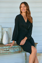 Load image into Gallery viewer, Domino Black Metallic Cross Over Tie Front Long Sleeve Dress
