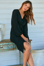 Load image into Gallery viewer, Domino Black Metallic Cross Over Tie Front Long Sleeve Dress
