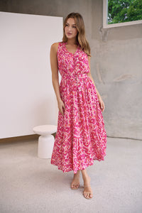 Cosima Long Pink/Orange Print Collared Maxi Dress