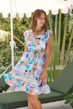 Load image into Gallery viewer, Augustella White/Peach/Lilac Palm Print Short Dress