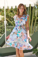 Load image into Gallery viewer, Augustella White/Peach/Lilac Palm Print Short Dress
