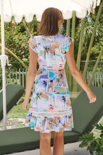 Load image into Gallery viewer, Augustella White/Peach/Lilac Palm Print Short Dress