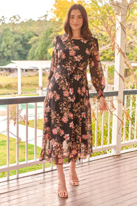 Kinsley Floral Print Black/Pink Long Sleeve Evening Dress