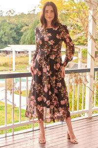 Kinsley Floral Print Black/Pink Long Sleeve Evening Dress