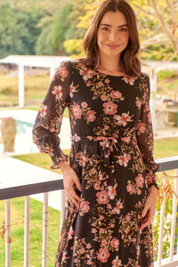 Kinsley Floral Print Black/Pink Long Sleeve Evening Dress