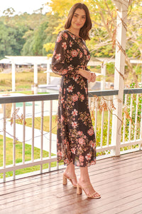 Kinsley Floral Print Black/Pink Long Sleeve Evening Dress
