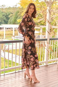 Kinsley Floral Print Black/Pink Long Sleeve Evening Dress