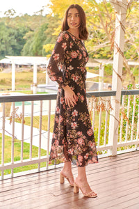 Kinsley Floral Print Black/Pink Long Sleeve Evening Dress