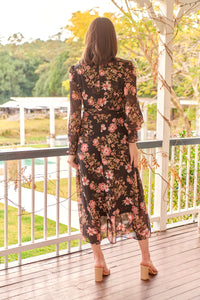 Kinsley Floral Print Black/Pink Long Sleeve Evening Dress