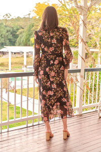 Kinsley Floral Print Black/Pink Long Sleeve Evening Dress