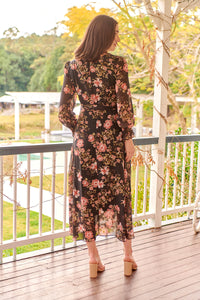 Kinsley Floral Print Black/Pink Long Sleeve Evening Dress
