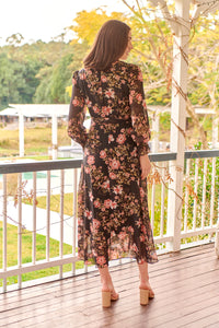 Kinsley Floral Print Black/Pink Long Sleeve Evening Dress