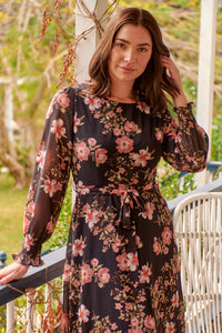 Kinsley Floral Print Black/Pink Long Sleeve Evening Dress