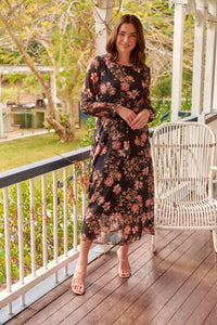 Kinsley Floral Print Black/Pink Long Sleeve Evening Dress