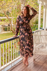 Kinsley Floral Print Black/Pink Long Sleeve Evening Dress