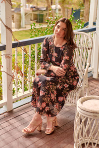 Kinsley Floral Print Black/Pink Long Sleeve Evening Dress