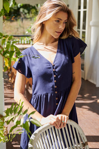 Portia Navy Button Front Linen Smock Dress