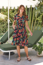 Load image into Gallery viewer, Carina Navy/Red/Green Bold Leaf Print Summer Dress