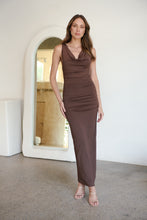Load image into Gallery viewer, Cleo Chocolate Brown Cowl Neck Evening Dress