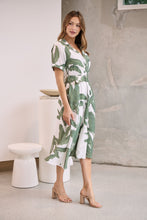Load image into Gallery viewer, Gianna Leaf Green/White Palm Print Button Front Belted Midi Dress