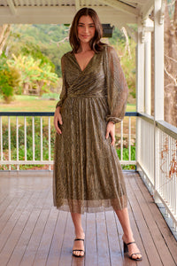 Abigail Gold Long Sleeve Midi Evening Dress