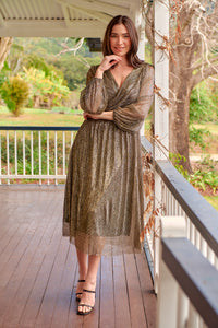 Abigail Gold Long Sleeve Midi Evening Dress