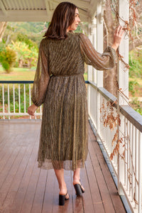 Abigail Gold Long Sleeve Midi Evening Dress