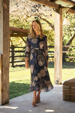 Load image into Gallery viewer, Leila Navy Print Tie Waist Chiffon Dress