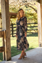 Load image into Gallery viewer, Leila Navy Print Tie Waist Chiffon Dress