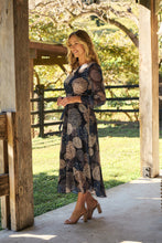 Load image into Gallery viewer, Leila Navy Print Tie Waist Chiffon Dress