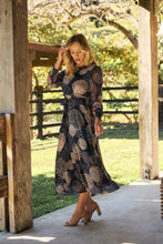 Load image into Gallery viewer, Leila Navy Print Tie Waist Chiffon Dress