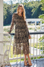 Load image into Gallery viewer, Evelyn Black/Brown Print Chiffon Shirred Long Sleeve Midi Dress