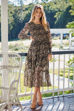 Load image into Gallery viewer, Evelyn Black/Brown Print Chiffon Shirred Long Sleeve Midi Dress