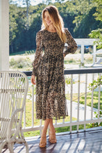 Load image into Gallery viewer, Evelyn Black/Brown Print Chiffon Shirred Long Sleeve Midi Dress