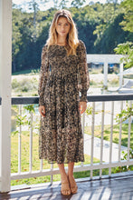 Load image into Gallery viewer, Evelyn Black/Brown Print Chiffon Shirred Long Sleeve Midi Dress