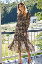 Load image into Gallery viewer, Evelyn Black/Brown Print Chiffon Shirred Long Sleeve Midi Dress