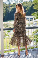 Load image into Gallery viewer, Evelyn Black/Brown Print Chiffon Shirred Long Sleeve Midi Dress
