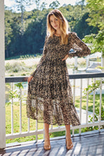 Load image into Gallery viewer, Evelyn Black/Brown Print Chiffon Shirred Long Sleeve Midi Dress