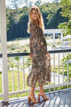 Load image into Gallery viewer, Evelyn Black/Brown Print Chiffon Shirred Long Sleeve Midi Dress